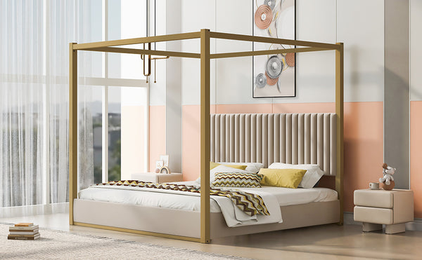 English Elm King Velvet Upholstered Four Poster Canopy Bed White Modern Bedroom Frame N7090002405A