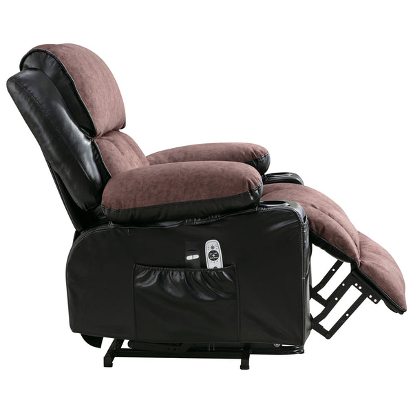 English Elm Power Lift Recliner Chair with Massage Heating Fleece Leather and Usb for Elderly Black+Brown W1807P299421