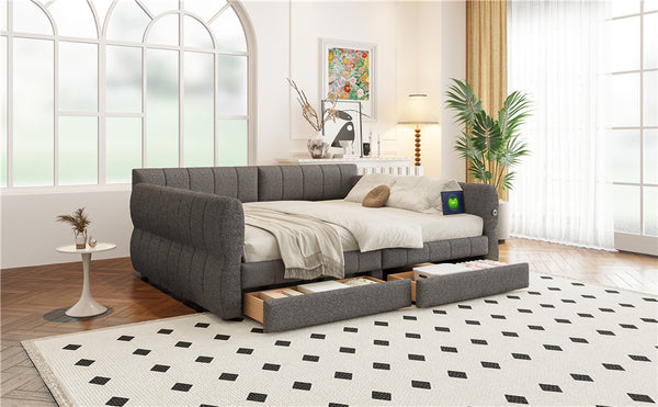 English Elm Queen Lambswool Platform Bed with Usb Charging Armrests and Under Storage Drawers Gray N7500000601E