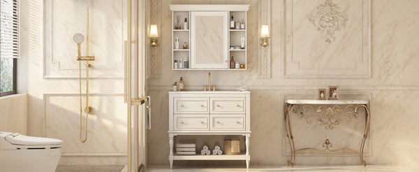 English Elm 36'' Modern Bathroom Vanity with Ceramic Sink and Medicine Cabinet, Solid Wood Frame, 4 Drawers, Waterproof Finish Beige SW000138AAY-1