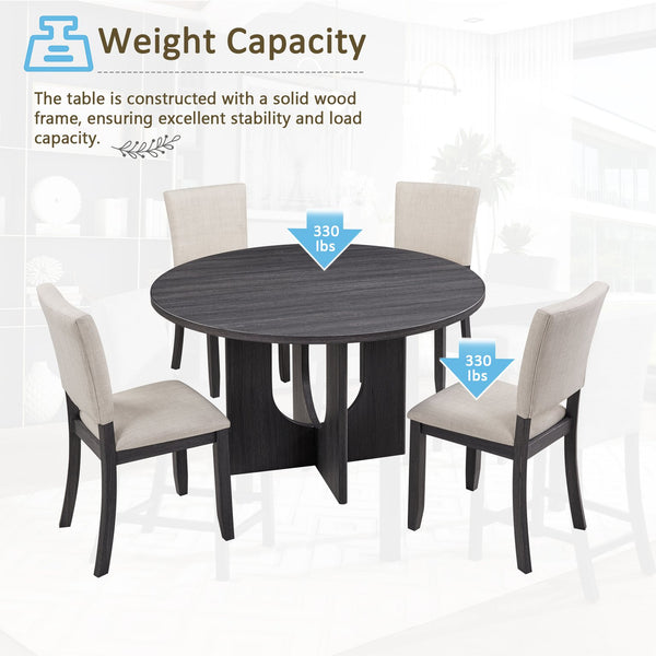 English Elm 47.3" 5-Piece Round Dining Set for 4 - Antique Black Table & Beige Upholstered Chairs, Stable Stylish W1998S00078