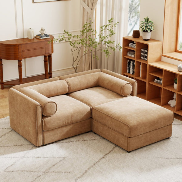 English Elm Stylish Camel Chenille 2-Seater Sofa With Ottoman Storage, Ergonomic Comfort & Modular Design W714S01225-GIGA