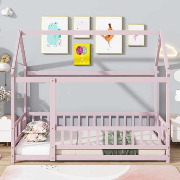 English Elm Twin Size House Floor Bed With Charming Roof Frame, Safety Guardrails & Soft Pink Finish For Kids W504P286405-GIGA