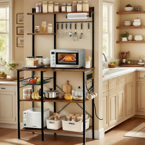 English Elm Bakers Rack with Power Outlet & USB, Microwave Stand with Pull-Out Basket, Coffee Bar Organizer W3204P354195