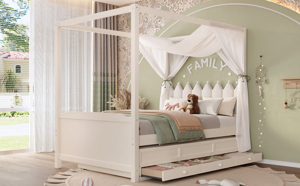 English Elm Full Bunk Bed with Trundle Bookshelf Storage Pine Frame Car Design for Kids W1580S00317