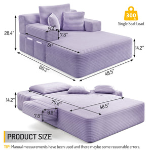 English Elm Luxurious Corduroy Frameless Chaise Sofa Bed with Spring Cushion and Storage Pocket Purple W3219P496264