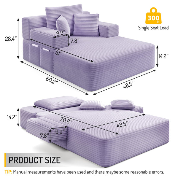 English Elm Luxurious Corduroy Frameless Chaise Sofa Bed with Spring Cushion and Storage Pocket Purple W3219P496264