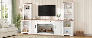 English Elm 3-piece Farmhouse Entertainment Center with Curved Cabinets Walnut Mdf Modular Living Room White N721S000068K