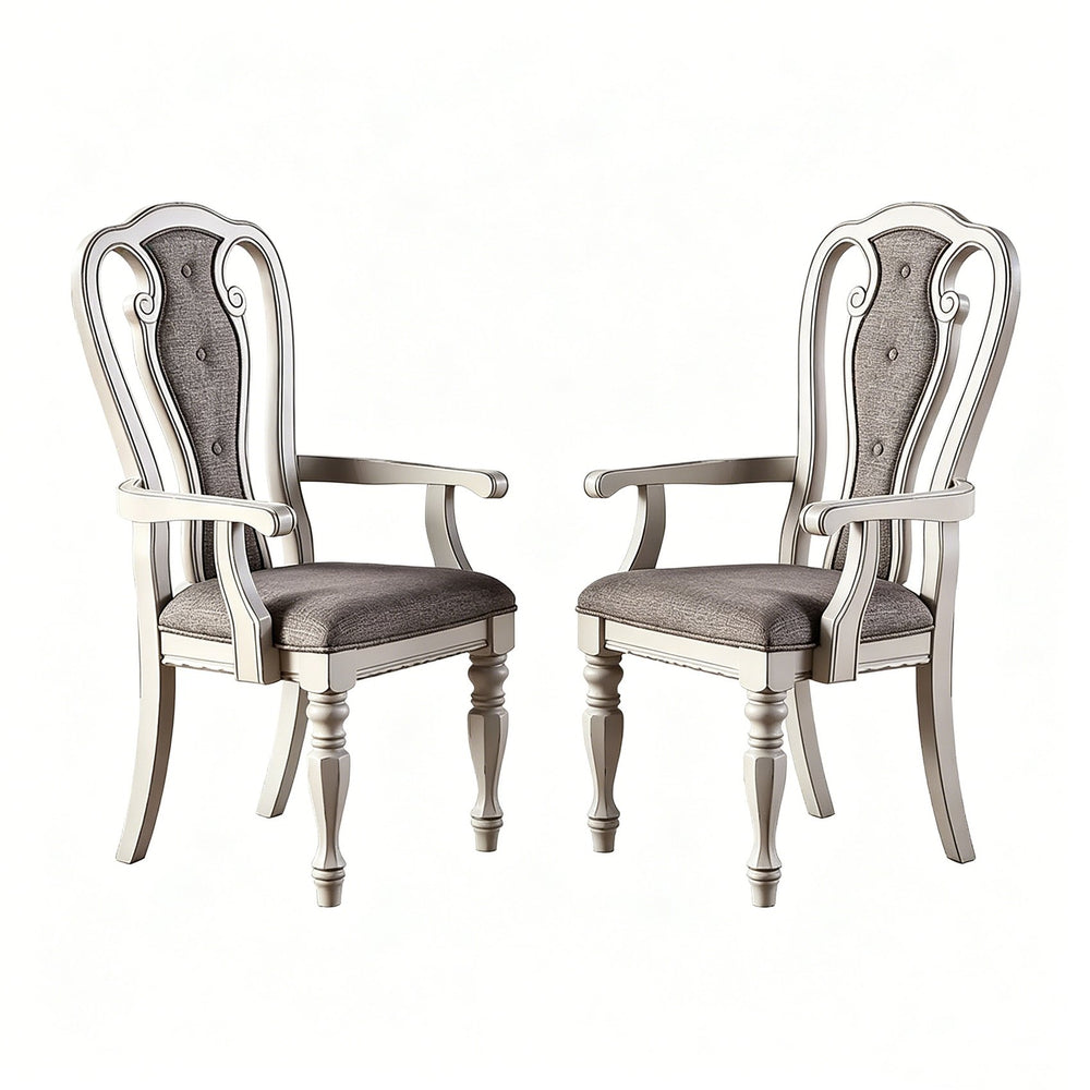 English Elm 2-piece French Vintage Upholstered Arm Chair Set with Sculpted Wood Frame Dining B2770P508018