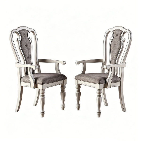 English Elm 2-piece French Vintage Upholstered Arm Chair Set with Sculpted Wood Frame Dining B2770P508018