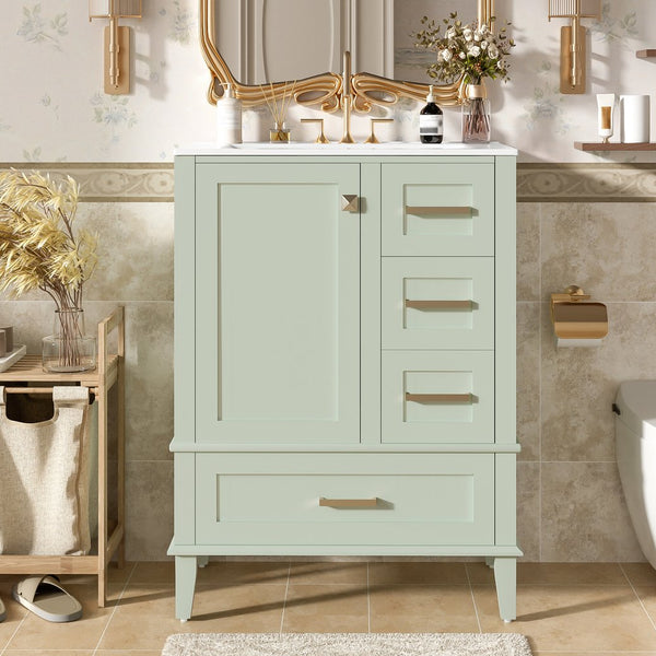 English Elm 24" Olive Bathroom Vanity Solid Wood Frame Ceramic Sink Gold Hardware Soft Close Green N729P373276F