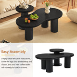 English Elm Easy Assembly Nesting Coffee Table Set Of 2, Cream Style Cloud Coffee Table With Round Small Side Table, Irregular Center Table With Thick Legs For Living Room, Black, 39.3''X 13.7'',Φ15.7''