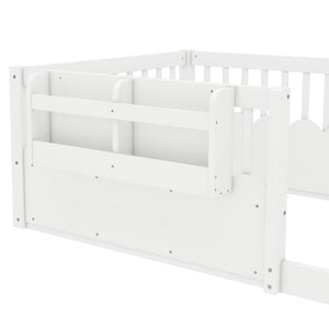 English Elm Twin Low Profile Kids Floor Bed Pine Wood Frame with Safety Rail and Built in Bookshelf White W1580P373134
