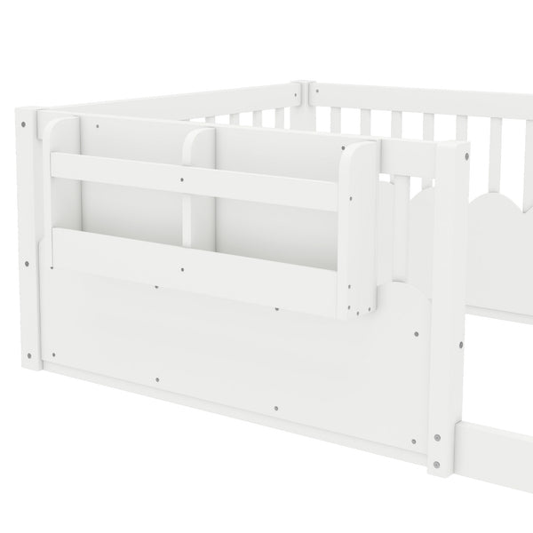 English Elm Twin Low Profile Kids Floor Bed Pine Wood Frame with Safety Rail and Built in Bookshelf White W1580P373134