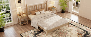 English Elm Queen Wood Platform Bed with Gourd-Shaped Headboard, Retro-Inspired Solid Frame, Slat Support, Sturdy Elegance Natural 64.8 L x 17.5 W x 9.5 H N733P206242M