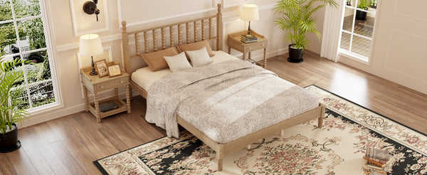 English Elm Queen Wood Platform Bed with Gourd-Shaped Headboard, Retro-Inspired Solid Frame, Slat Support, Sturdy Elegance Natural 64.8 L x 17.5 W x 9.5 H N733P206242M