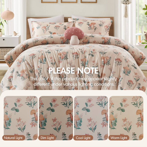 English Elm 4-piece Whimsical Mushroom Floral Microfiber Comforter Set with Shaped Accent Pillow Blush Multi B035P482877