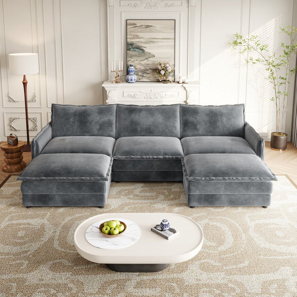 English Elm Corduroy 3-Seater Modular Cloud Couch With Movable Footrests For Ultimate Comfort & Style W834S00426