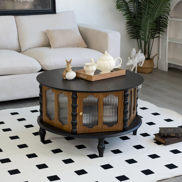 English Elm 31.5-inch Round Carved Wood Coffee Table Vintage Distressed Finish Living Room Accent W3935P406106