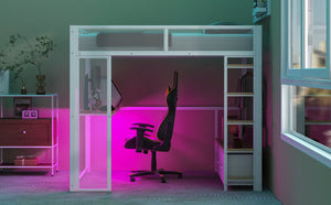 English Elm Full Metal Gaming Loft Bed with LED Lighting, Built-In Desk, Open Wardrobe and 3 Drawers for Space-Saving Comfort White GX001133AAK