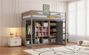 English Elm Twin Loft Bed with Wardrobe Shelves and Cabinet Kids Bedroom Wood Storage Frame Pink+Grey N708S00023E