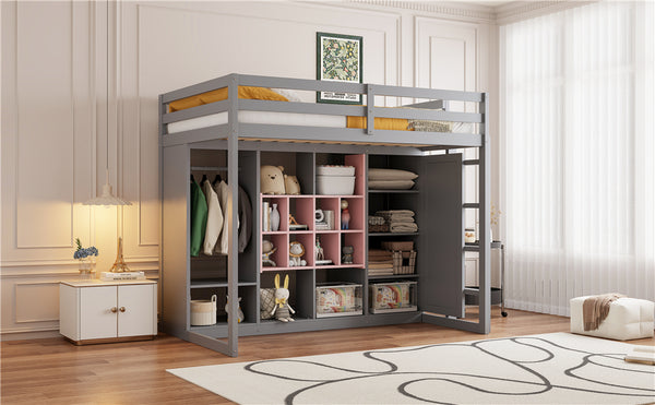 English Elm Twin Loft Bed with Wardrobe Shelves and Cabinet Kids Bedroom Wood Storage Frame Pink+Grey N708S00023E