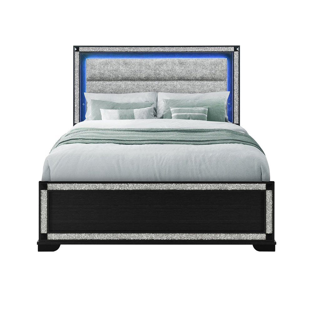 English Elm Soulmarie Solid Wood King Bed with Padded Headboard, LED Lights, Glitter Detail & Curved Legs Charcoal 66.54 L x 7.87 W x 34.65 H B201S00451