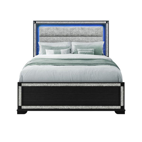 English Elm Soulmarie Solid Wood King Bed with Padded Headboard, LED Lights, Glitter Detail & Curved Legs Charcoal 66.54 L x 7.87 W x 34.65 H B201S00451