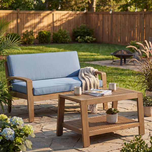 English Elm 2-piece Outdoor Acacia Wood Loveseat Set with Water-resistant Cushions for Patio Decks 57976.00SETFGRY_57976.00SETCUSH-BLUSKIN