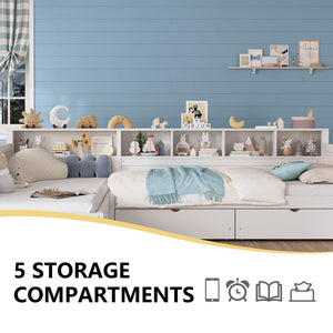 English Elm Twin Corner Daybed with Storage Drawers Bookshelf Wood L-shape Frame for Small Rooms White N733S369272K