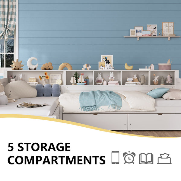 English Elm Twin Corner Daybed with Storage Drawers Bookshelf Wood L-shape Frame for Small Rooms White N733S369272K