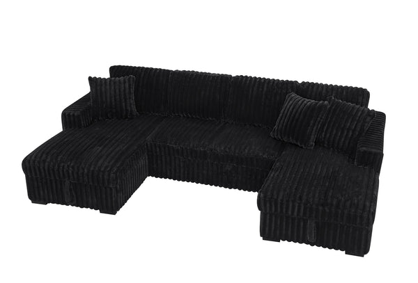 English Elm U U Shaped Sleeper Sofa with Pull-Out Bed and Hidden Chaise Storage, Plush Corduroy Comfort Black W1417S00136