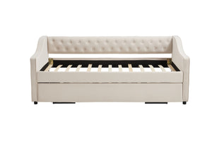 English Elm Twin Velvet Daybed with Pull Out Trundle Tufted Back Usb Port and Side Pockets Beige W1361S00035