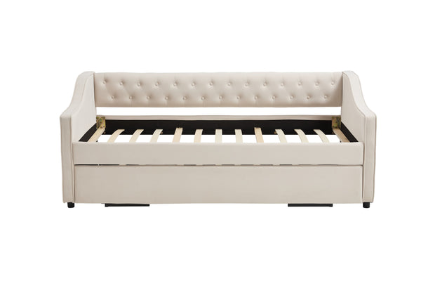 English Elm Twin Velvet Daybed with Pull Out Trundle Tufted Back Usb Port and Side Pockets Beige W1361S00035