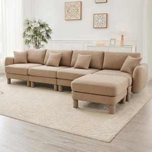 English Elm Boucle 4-Seater Convertible L-Shape Sectional Sofa With Shell-Shaped Armrests & Removable Ottoman W3041S00288