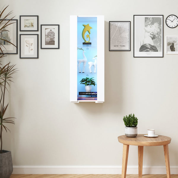 English Elm Storage Cabinet with Aluminum LED Strip Light and Glass Shelves Wall or Floor Mount Space-Saver W331P251042