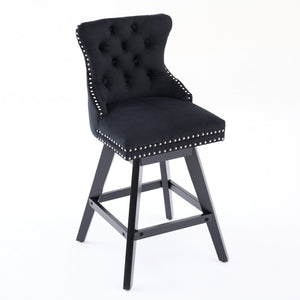 English Elm Swivel Velvet Barstool with Tufted Back, 360° Swivel, Plush Foam & Steel Spring Seat, Sturdy Wood Frame (Set of 2) Black W1143P241332