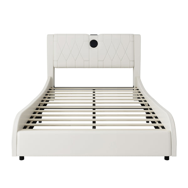 English Elm Full Faux Leather Upholstered Bed with Thick Headboard, Bluetooth Speakers, RGB LEDs & Storage White 56.69 L x 19.69 W x 12.99 H N701P241046C