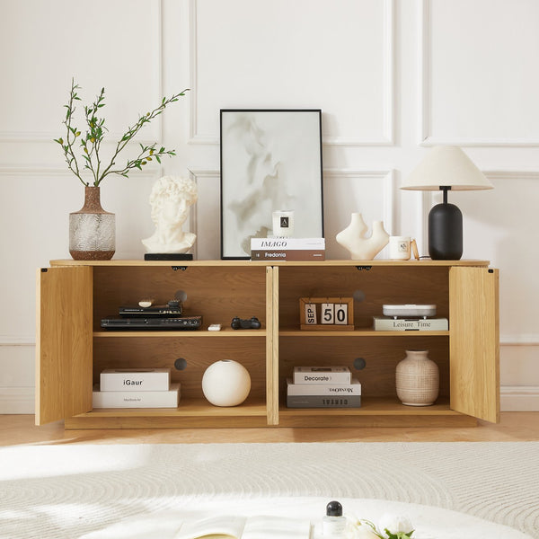 English Elm Sideboard Modern Wave-Pattern Storage Cabinet | 64" Wide TV Stand with Press-Open Doors & Adjustable Shelves Natural W1162P356393