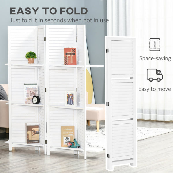 English Elm HOMCOM 4-Panel 67" Wood Privacy Screen Room Divider with 3 Removable Shelves, Folding White Decor W2225P200779