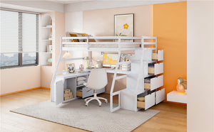 English Elm Full Size Kids Loft Bed with Integrated Desk Seven Drawers and Open Shelving White LT000649AAK-1