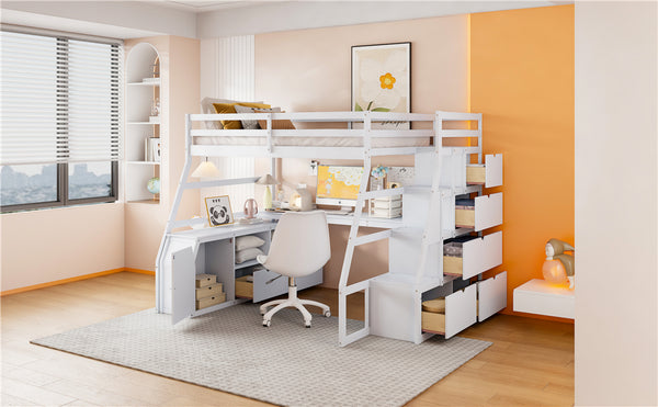 English Elm Full Size Kids Loft Bed with Integrated Desk Seven Drawers and Open Shelving White LT000649AAK-1