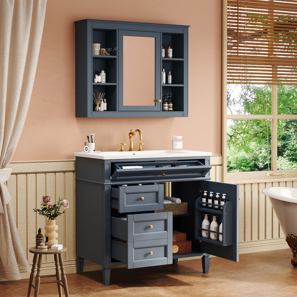 English Elm 36'' Modern Bathroom Vanity with Mirror Cabinet and Sink, Spacious Storage, Soft-Close Doors & Drawers Blue SW000134AAC-3