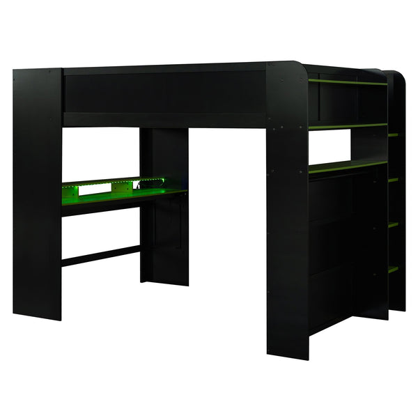 English Elm Full Size Gaming Bunk Bed with Rgb Lighting Integrated Desk Wardrobe and Storage Green LT100266AAG