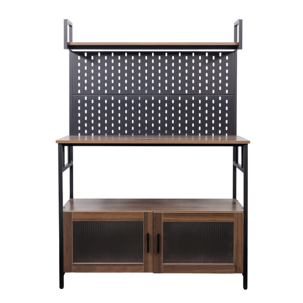 English Elm Kitchen Bakers Rack with Pegboard, Microwave Stand & Glass Doors — Adjustable Shelves, Water-Resistant Storage for Small Spaces and Organized Kitchens W331P283643