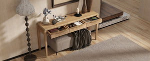 English Elm U_style Oak Veneer Console Table with Three Wave Drawers for Entryway or Foyer Natural N711P401926N