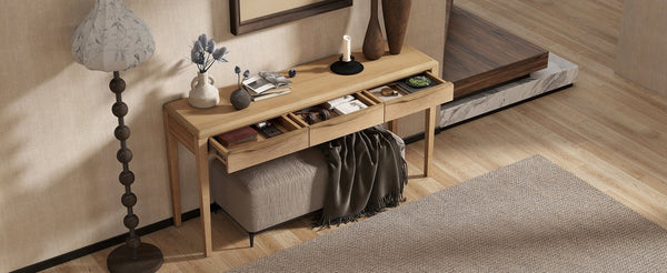English Elm U_style Oak Veneer Console Table with Three Wave Drawers for Entryway or Foyer Natural N711P401926N