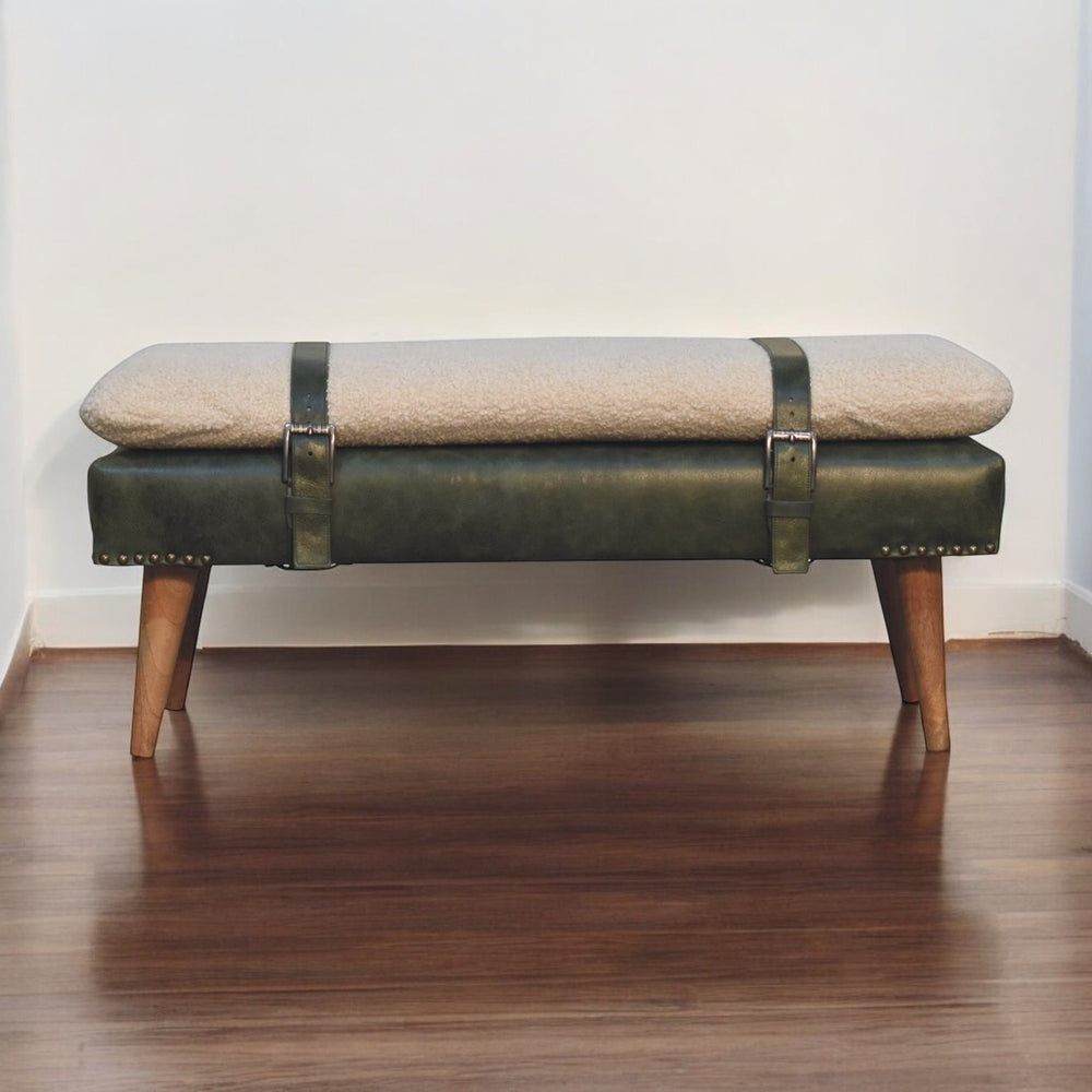 English Elm Bouclé Olive Green Leather Bench With Nordic Legs – Elegant Handwoven Upholstery For Your Space B182P263064