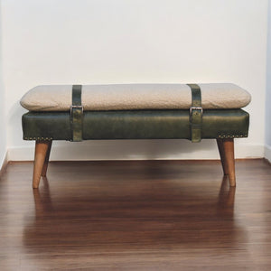 English Elm Bouclé Olive Green Leather Bench With Nordic Legs – Elegant Handwoven Upholstery For Your Space B182P263064