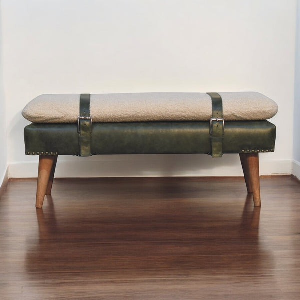 English Elm Bouclé Olive Green Leather Bench With Nordic Legs – Elegant Handwoven Upholstery For Your Space B182P263064